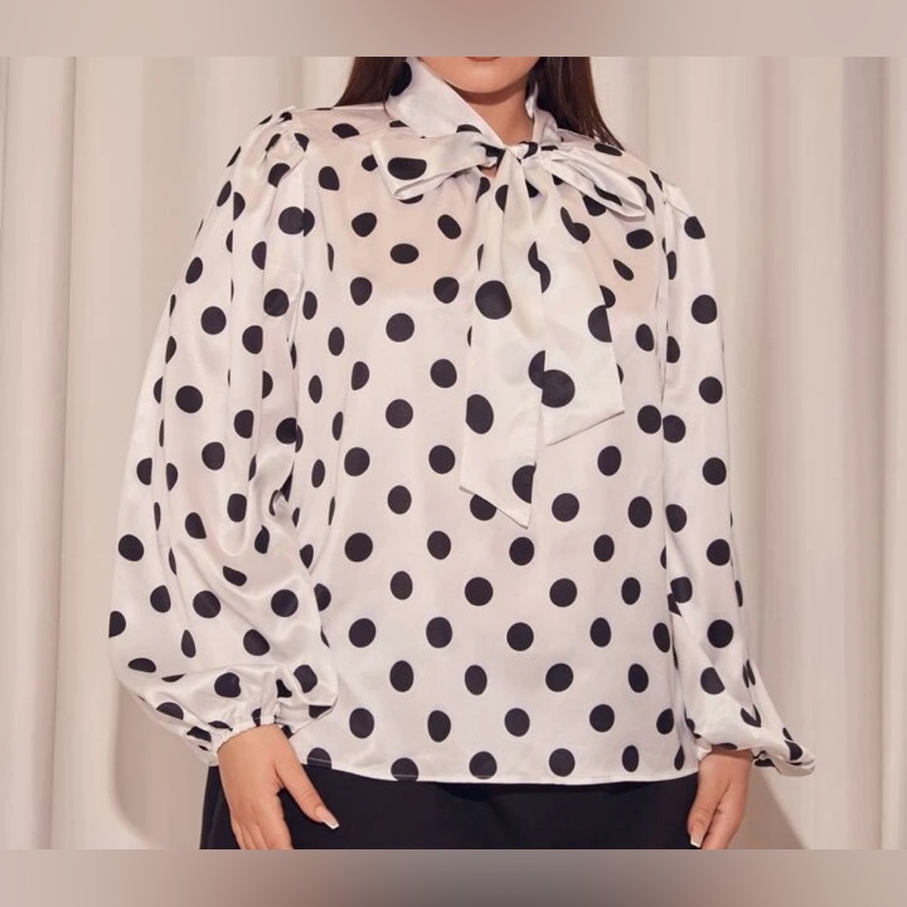 NEW 3 XL SHEIN Privé Plus Polka Dot Lantern Sleeve Tie Neck Blouse